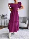 Women Ruffled Off Shoulder Flying Sleeve Solid Dress