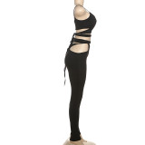 Women Summer Hollow Sexy Sleeveless Suspender Top and Pants 2-piece Set