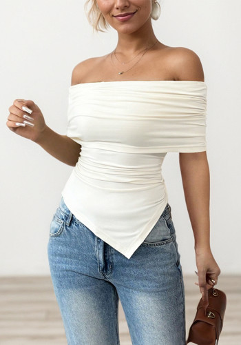 Women Casual Off Shoulder Pleated Sexy Off-shoulder Top Short-sleeved T-shirt