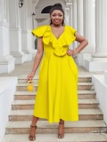 Women Plus Size V-Neck Ruffle Flower Formal Party Dress