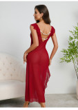 Women Summer V Neck Thick Strap Pleated Lace Slit Mesh Patchwork Dress