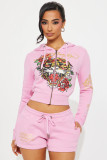 Women Printed Long Sleeve Top and Shorts Two-Piece Set