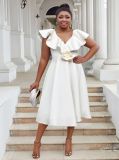 Women Plus Size V-Neck Ruffle Flower Formal Party Dress