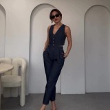 Women Casual Summer Solid Vest and Pants Two-Piece Set