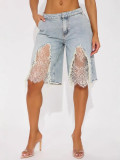 Women Casual Washed Ripped Lace Patchwork Denim Shorts