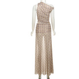 Women Summer Style Street Retro Plaid Print Slash Shoulder Slit Dress