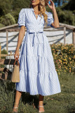 Women High Waist Striped Printed Short Sleeve Dress