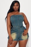 Women Stretch Washed Denim Strapless Off Shoulder Jumpsuit