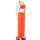 Women Spring and Summer Hollow Halter Neck Strapless Gathered Tie-string Wide-leg Jumpsuit