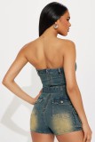 Women Stretch Washed Denim Strapless Off Shoulder Jumpsuit