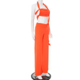 Women Spring and Summer Hollow Halter Neck Strapless Gathered Tie-string Wide-leg Jumpsuit