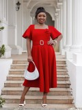 Plus Size Women Square Neck Solid High Waist Dress