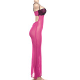 Women Summer Suspender Sexy Lace Patchwork See-Through Dress
