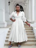 Plus Size Women Elegant Long Sleeve Solid Shirt Dress
