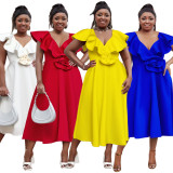 Women Plus Size V-Neck Ruffle Flower Formal Party Dress
