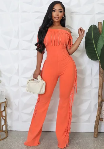 Women Summer Solid Off Shoulder Tassel Jumpsuit