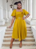 Plus Size Women Square Neck Solid High Waist Dress