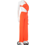 Women Spring and Summer Hollow Halter Neck Strapless Gathered Tie-string Wide-leg Jumpsuit