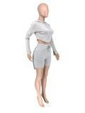 Women Casual Long Sleeve Top and Pocket Cargo Sports Shorts 2-piece Set