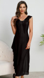 Women Summer V Neck Thick Strap Pleated Lace Slit Mesh Patchwork Dress