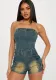 Women Stretch Washed Denim Strapless Off Shoulder Jumpsuit