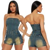Women Stretch Washed Denim Strapless Off Shoulder Jumpsuit