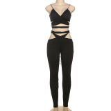 Women Summer Hollow Sexy Sleeveless Suspender Top and Pants 2-piece Set