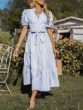 Women High Waist Striped Printed Short Sleeve Dress