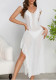 Women Summer V Neck Thick Strap Pleated Lace Slit Mesh Patchwork Dress