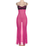 Women Summer Suspender Sexy Lace Patchwork See-Through Dress