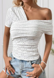 Women Summer Slash Shoulder Hollow Sexy Slash Shoulder Short-sleeved T-shirt Top