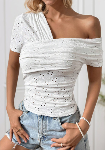 Women Summer Slash Shoulder Hollow Sexy Slash Shoulder Short-sleeved T-shirt Top