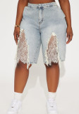Women Casual Washed Ripped Lace Patchwork Denim Shorts
