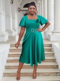 Plus Size Women Square Neck Solid High Waist Dress