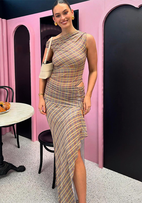 Women Summer Style Street Retro Plaid Print Slash Shoulder Slit Dress