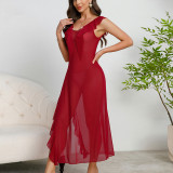 Women Summer V Neck Thick Strap Pleated Lace Slit Mesh Patchwork Dress