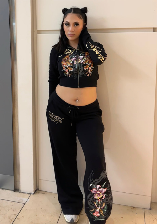 Women American Black Embroidered Top and Pants Two-Piece Set