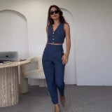 Women Casual Summer Solid Vest and Pants Two-Piece Set