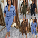 Women Turndown Collar Zipper Cargo Jumpsuit
