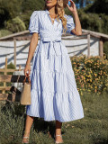 Women High Waist Striped Printed Short Sleeve Dress