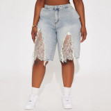 Women Casual Washed Ripped Lace Patchwork Denim Shorts