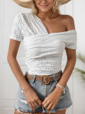 Women Summer Slash Shoulder Hollow Sexy Slash Shoulder Short-sleeved T-shirt Top
