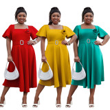 Plus Size Women Square Neck Solid High Waist Dress