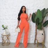 Women Summer Solid Off Shoulder Tassel Jumpsuit