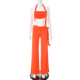 Women Spring and Summer Hollow Halter Neck Strapless Gathered Tie-string Wide-leg Jumpsuit