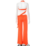 Women Spring and Summer Hollow Halter Neck Strapless Gathered Tie-string Wide-leg Jumpsuit