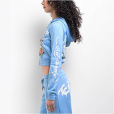 Women Street Casual Print Zipper Hooded Top and Pants Two-Piece Set