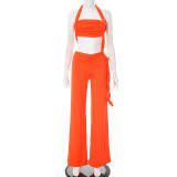 Women Spring and Summer Hollow Halter Neck Strapless Gathered Tie-string Wide-leg Jumpsuit