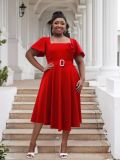 Plus Size Women Square Neck Solid High Waist Dress