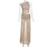 Women Summer Style Street Retro Plaid Print Slash Shoulder Slit Dress